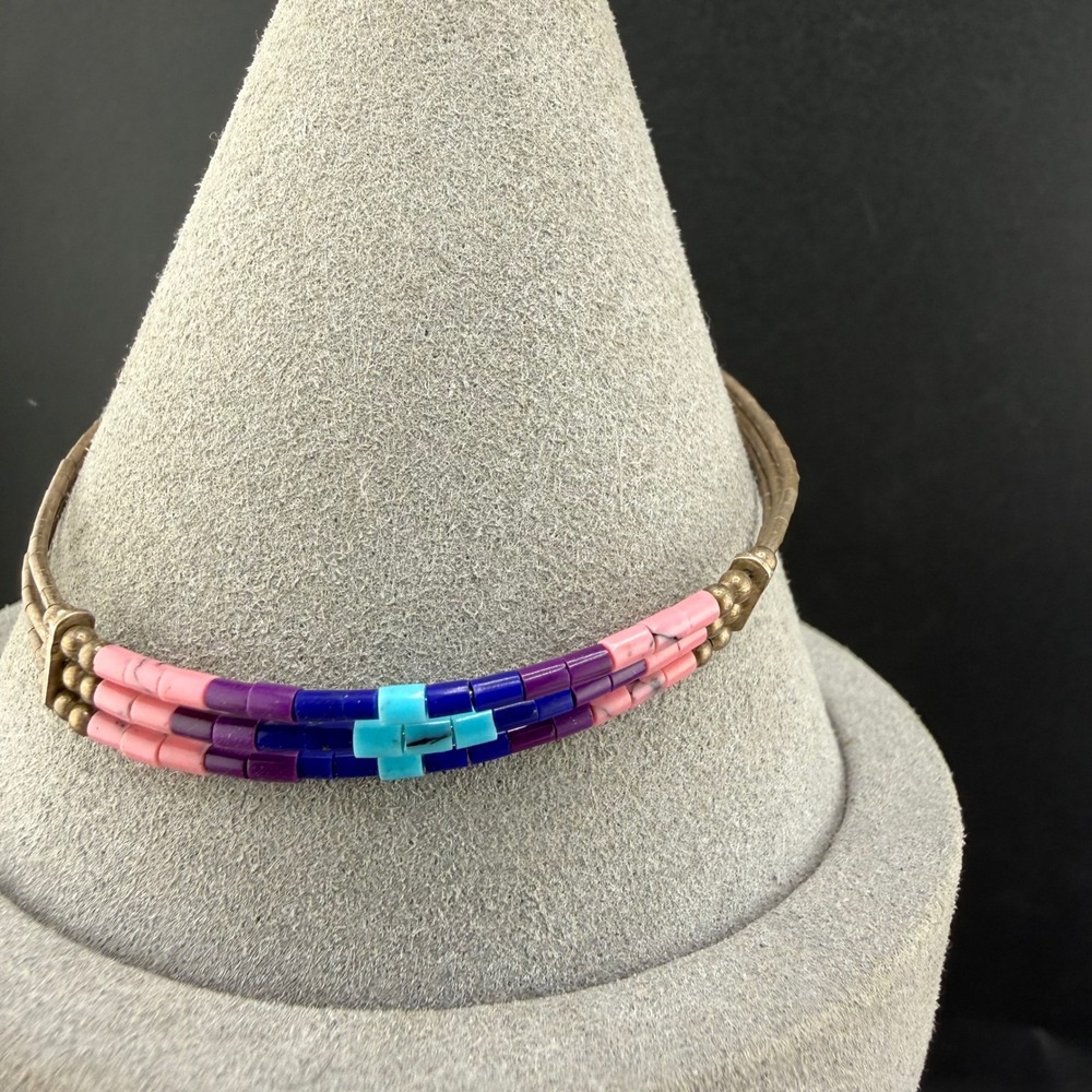 Vintage Heishi Multi Strand Bracelet Pink Purple Blue 7.5